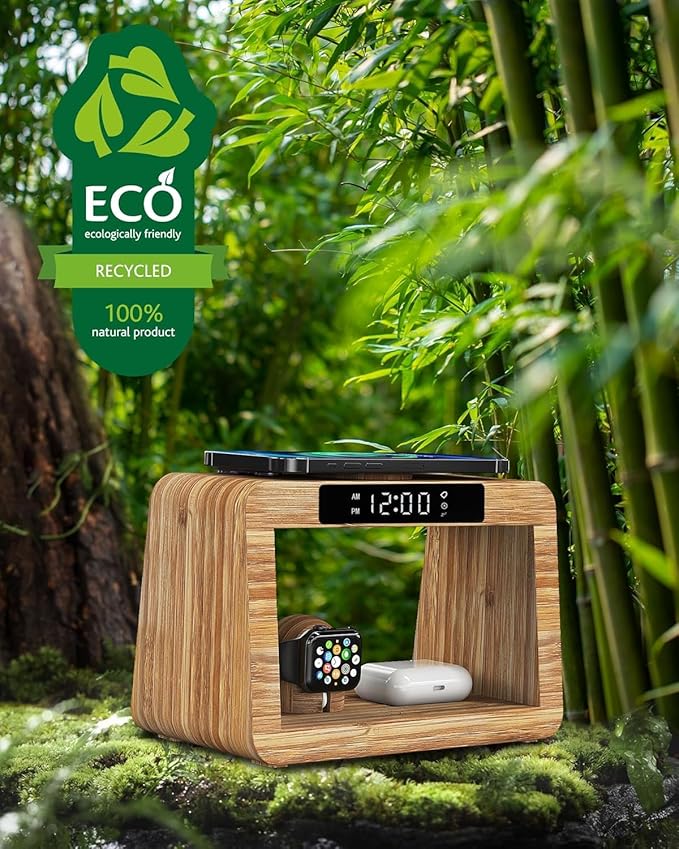 Bamboo Wireless Charging Station,Wireless Charger with Digital Alarm Clock and Night Light, Fast Charger Stand for iPhone 16/15/14/13/12/11 Pro Max/X/Xs, AirPods Pro, iWatch Series 10/9/8/7/6/5/SE