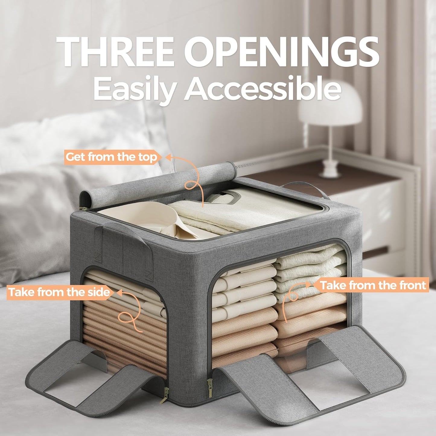 Pinkpum 3 Pack Clothes Storage Bins with Metal Frame, Closet Organizers and Storage Boxes, Sturdy Stackable & Foldable Clothes Organizer Bags with Clear Window & Long Carry Handles, Grey 40L