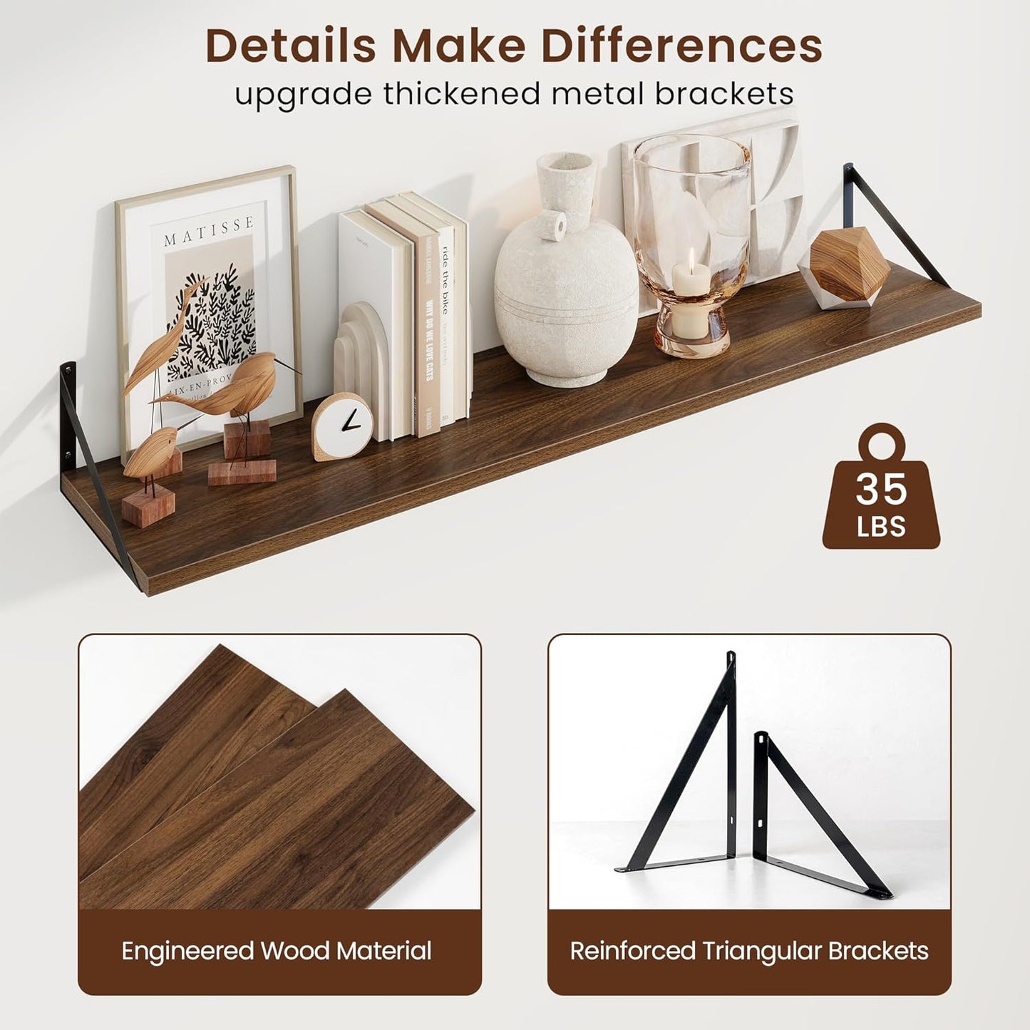 Axeman Deep Floating Shelves for Wall - 48 Inch Wide x 10 Inch Deep Floating Shelves Set of 2 -Walnut Wide Wall Shelves for Living Room Bathroom Bedroom