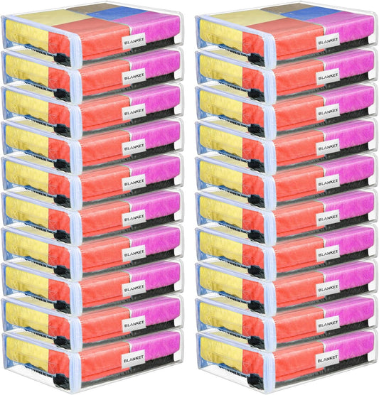 Kenning Set of 20 Clear Vinyl Zippered Storage Bags for Sheet Organizer Plastic Sweater Bags with Handle Pocket for Bed Blanket Throw Pillow Toys(White,11 x 15 x 4 Inch)