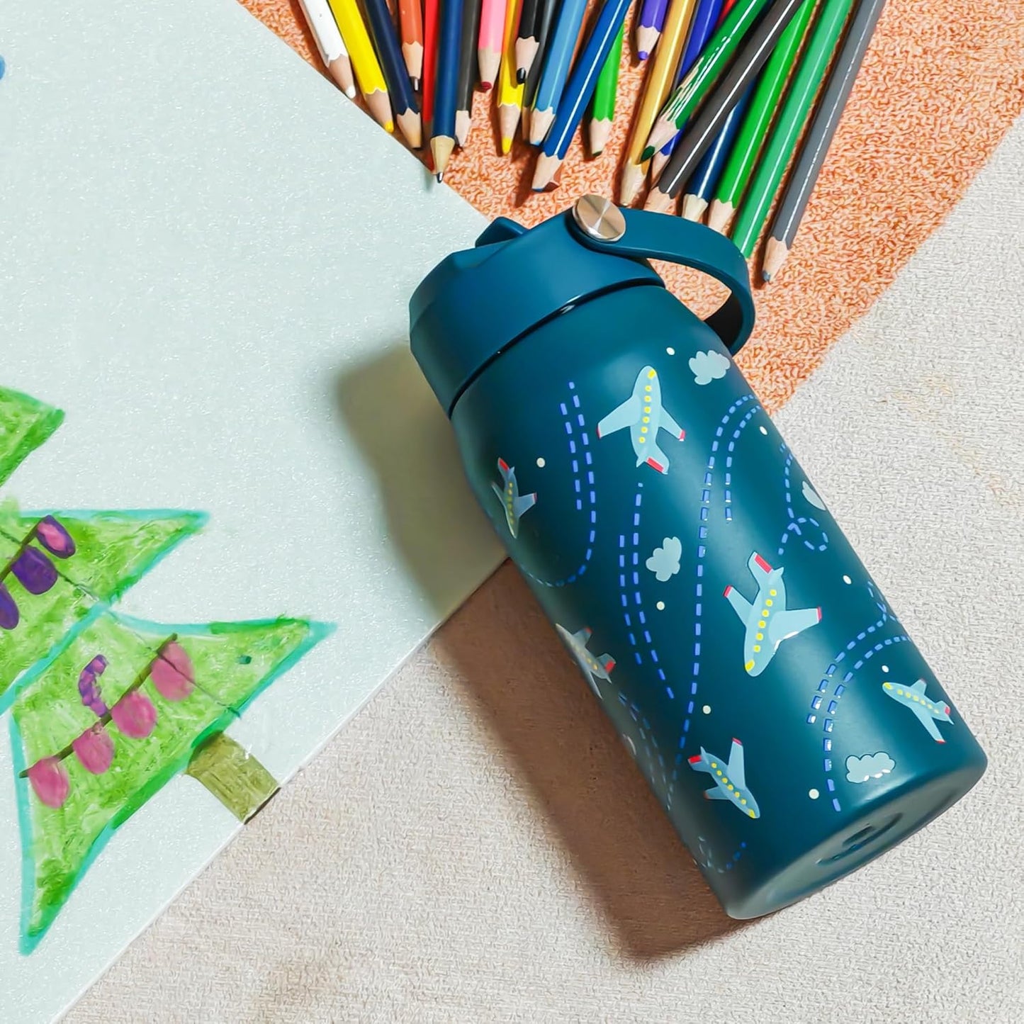 OLDLEY kids Water Bottle - 18oz Insulated Stainless Steel - Wide Straw Lid, Non Spill, Leakproof, Kids Water Bottle for School,Airplane