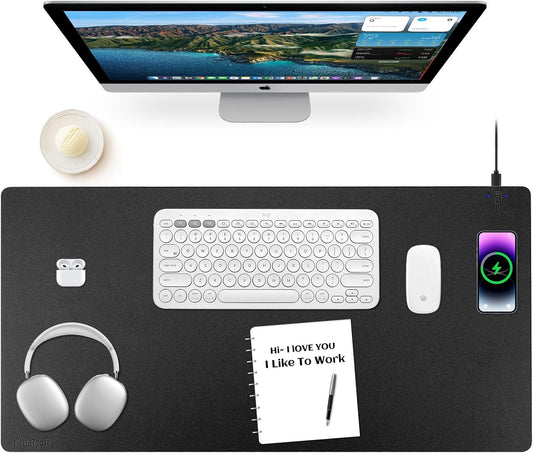 Wireless Charging Mouse Pad Firelison 2 in 1 Leather Multifunctional Office Desk Pad with Non-Slip Rubber Base, Waterproof Desk pad for Computers/Office/Work/Home/Decor（ 32" x 16"Black - R）