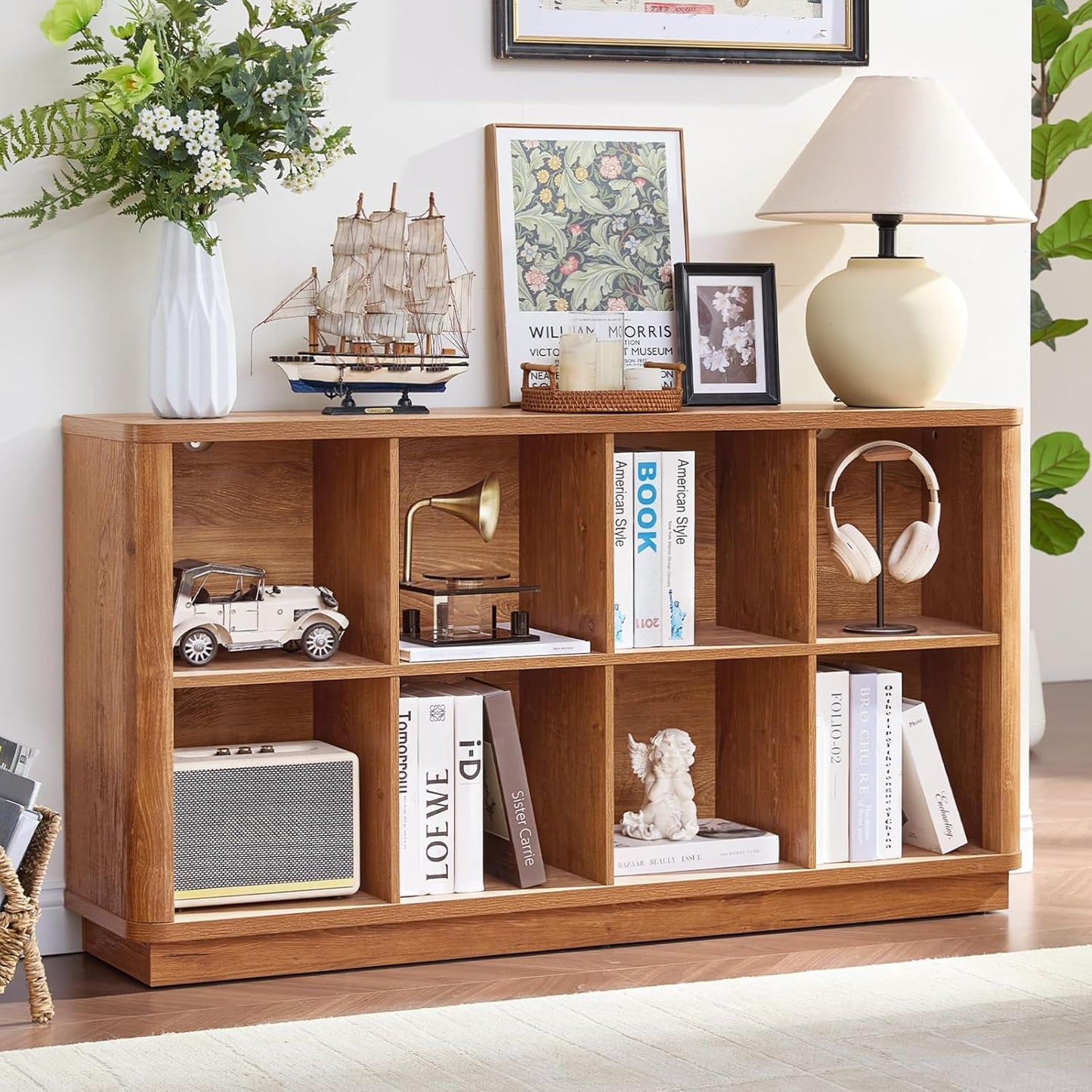 8 Cube Storage Book Shelf, 52" Long Horizontal Bookshelf with Curved Edge, Floor Standing Wooden Cubby Bookcase with Base, Modern Low Console Book Case, TV Stand for Living Room, Brown