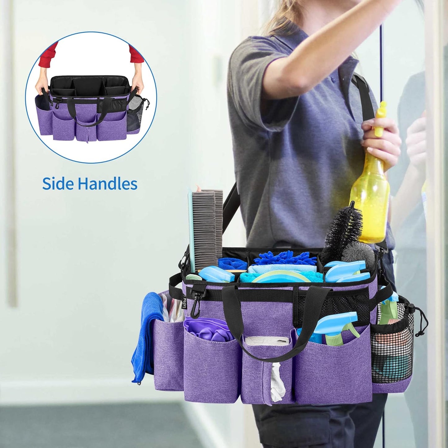 LoDrid Wearable Cleaning Caddy Bag with 4 Foldable Dividers, Cleaning Supply Tote for Cleaning Supplies, Cleaning Organizer with Shoulder Strap and Side Handles for Cleaners & Housekeepers, Purple