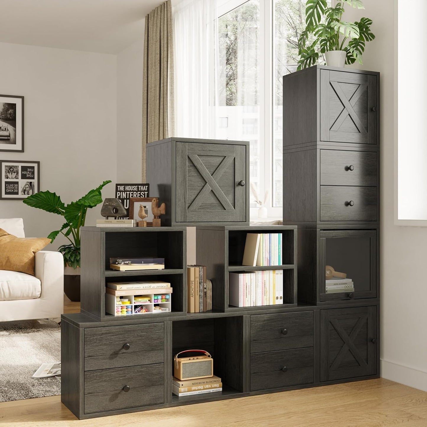 FUSUNBAO Magic DIY Cube Storage Organizer Stackable Cubes for Home Books Clothes Toy-Modular Cubby Storage System-Office Cubical-Bookcase Closet(French Oak, Glass Door Cube)