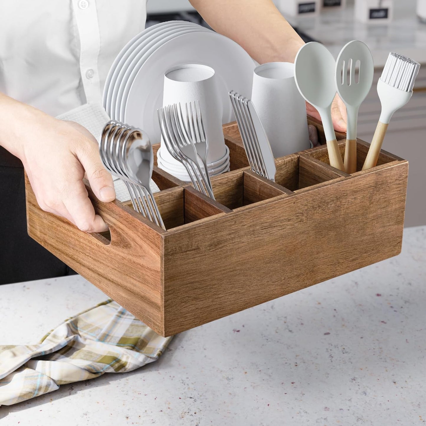 VaeFae Acacia Wood Caddy Organizer, Napkin and Paper Plate Holder, Wooden Utensil Holder, Silverware Caddy for Kitchen, Camping, Party