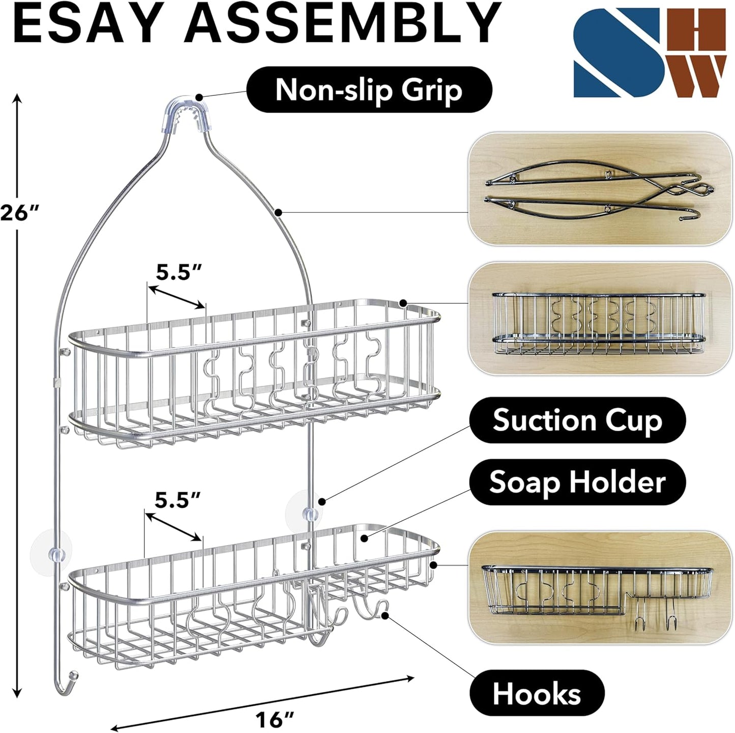 SIMPLE HOUSEWARE Stainless Steel Bathroom Hanging Shower Head Caddy Organizer (26 x 16 x 5.5 inches)