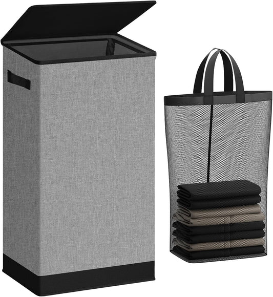 SOLEDI Laundry Hamper with Lid 100L Large & Tall Collapsible Laundry Basket, Clothes Hamper with Bag Removable Easy to Carry, Dirty Hampers for Bedroom, Bathroom, Dorm, College, Grey