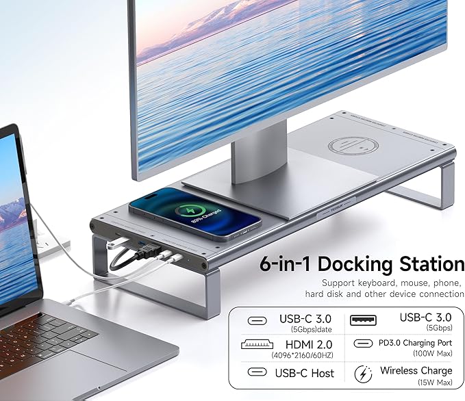 Monitor Stand HUB - Aluminum Riser with 6-in-1 Docking Station: 4K HDMI, USB-C, USB 3.0, PD 100W, Wireless Charging, Drawer Organizer - Gray