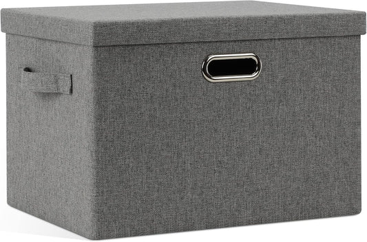 Large 17" 36 Quart Collapsible Stackable Storage Bins with Lids, 1 Pack Grey Foldable Fabric Closet Storage Boxes with Lids, 4 Handles Heavy-duty Linen Cube Baskets for Bedroom