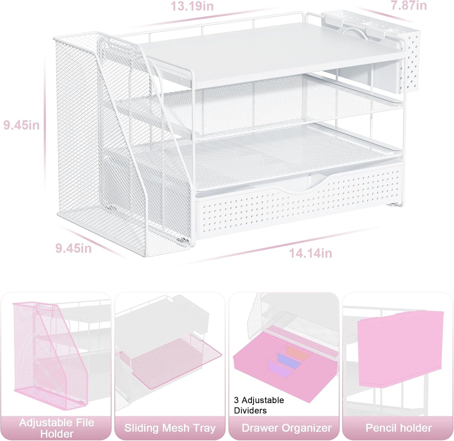 gianotter Wood Desk Organizers and Accessories with File Holder, 4-Tier Desk Accessories & Workspace Organizers with Drawer and Pen Holder, Paper Organizer for Office Supplies (White)