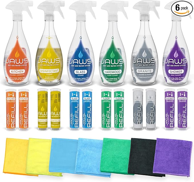 JAWS Cleaners Ultimate Cleaning Kit, Multi-Surface Kitchen, Glass, Shower, Granite, Hardwood Floor and Disinfectant, 2 Refill Pods of Each, Includes Microfiber Cloths