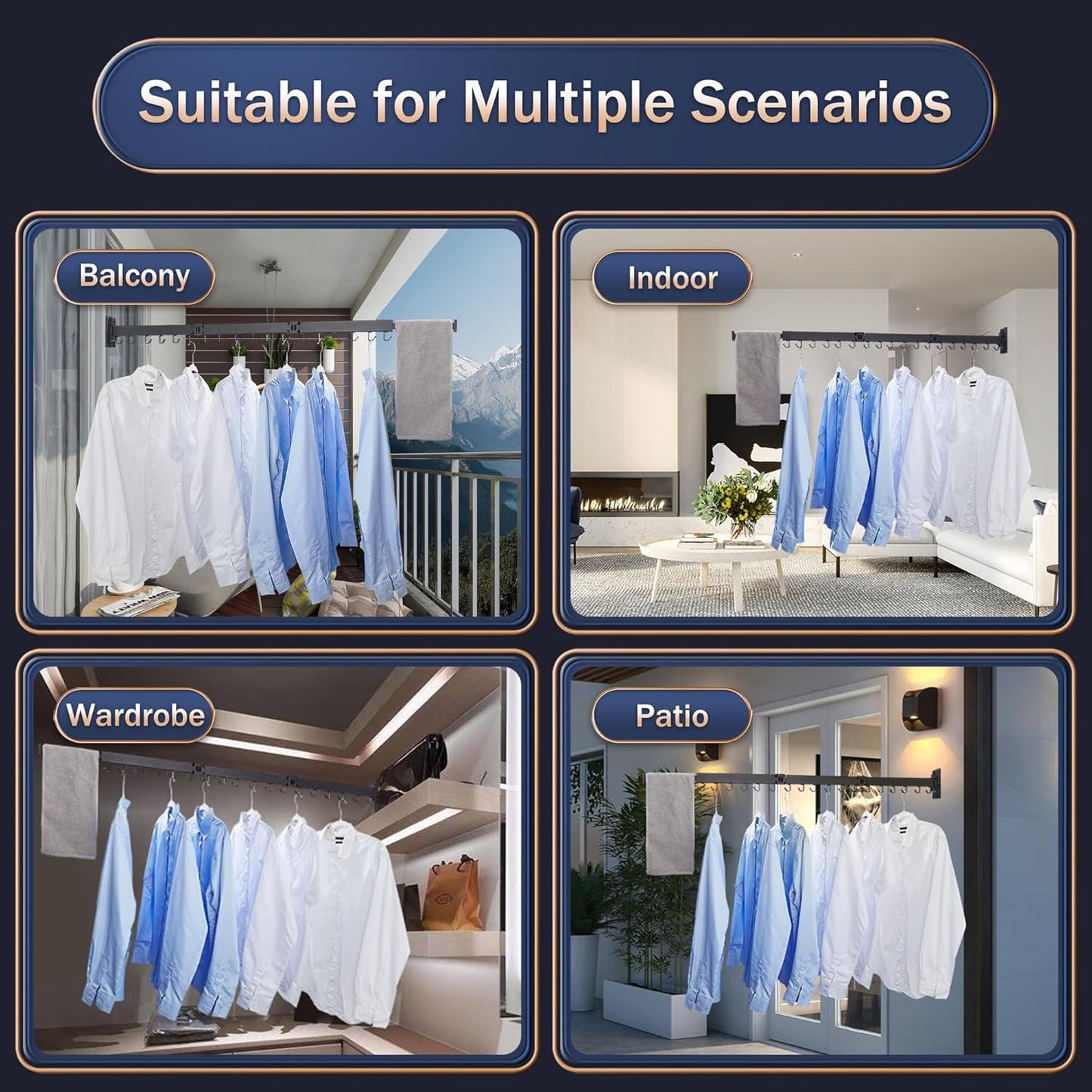 Clothes Drying Rack Wall Mounted,Laundry Rack Wall Wount,Drying Rack Clothing for Laundry,Retractable Dryer Racks,Wall Mounted Drying Rack Collapsible, Black, Sandy Coating,3z-b01