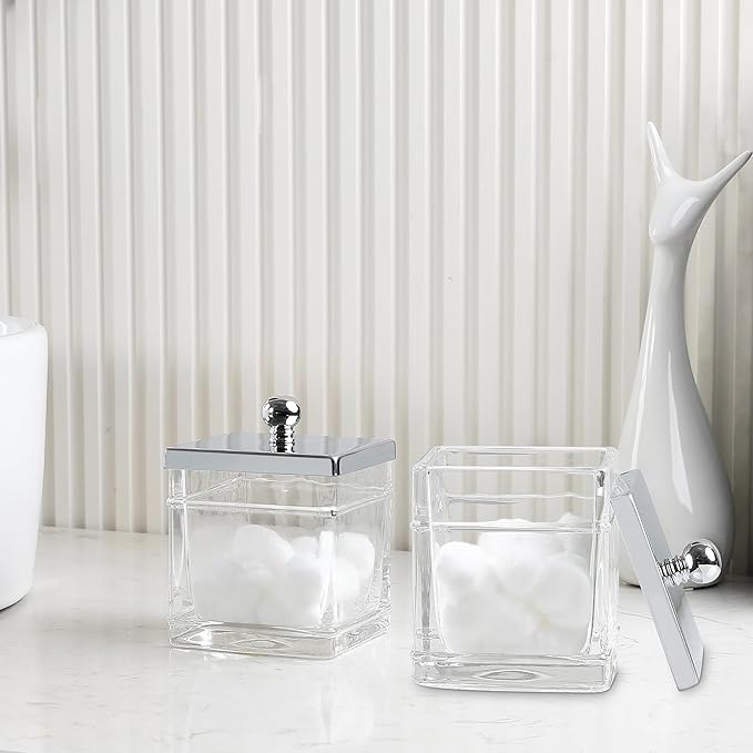 Glass Cotton Jar Holder 2 Pack– Silver/Chrome Lid, Elegant Bathroom Storage Canister for Qtips, Cotton Balls, Floss, Makeup Organizer, Vanity & Bathroom Organization