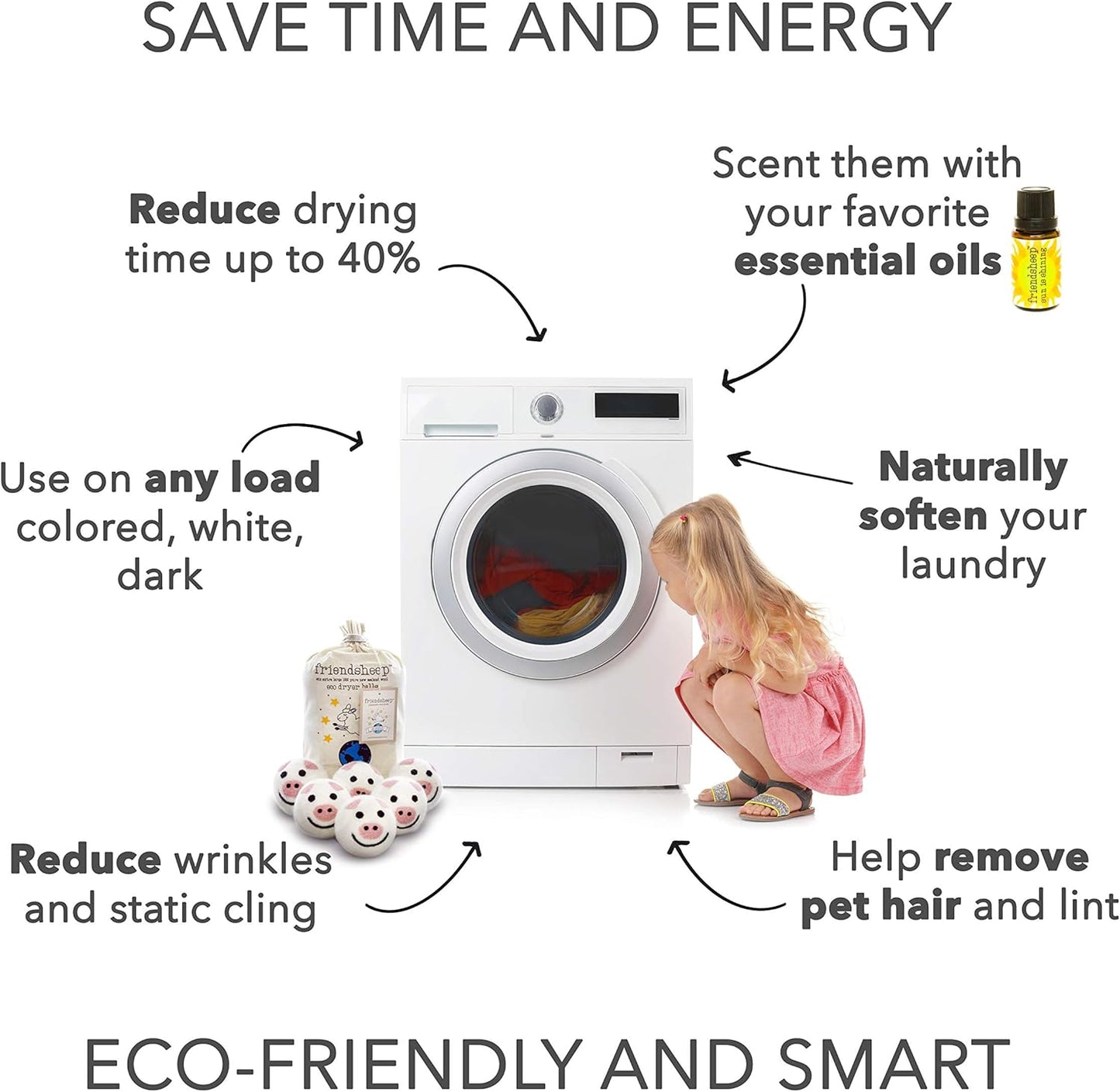 Friendsheep Wool Dryer Balls, Organic Reusable Fabric Softener Alternative for Laundry, Handmade, Fair Trade, Hypoallergenic, Eco-Friendly, Plastic-Free (6 Pack XL – Pig- Piggy Band)