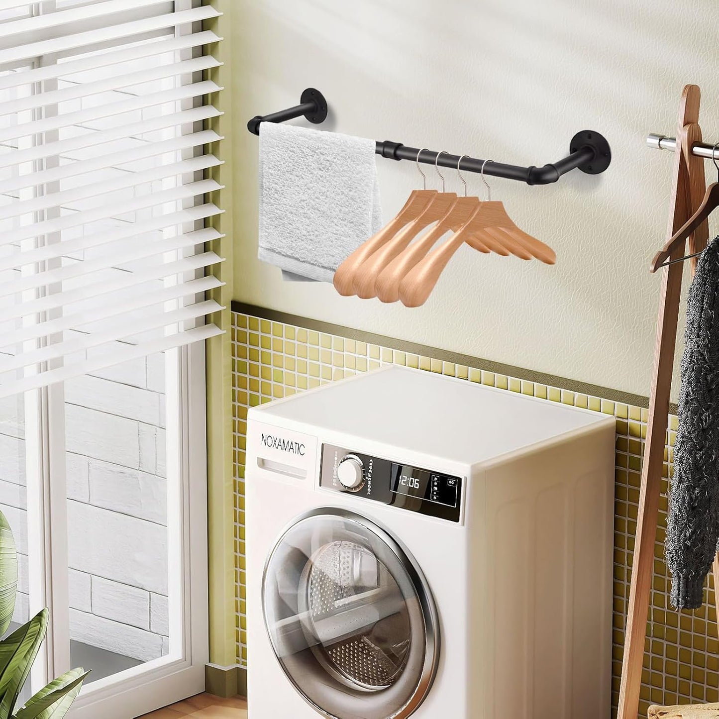 Wall Mount Iron Clothing Rack, Black Steel Laundry Room Drying Rack, Space Saving Coat Closet, 50 lbs Capacity (36 x 11 in)