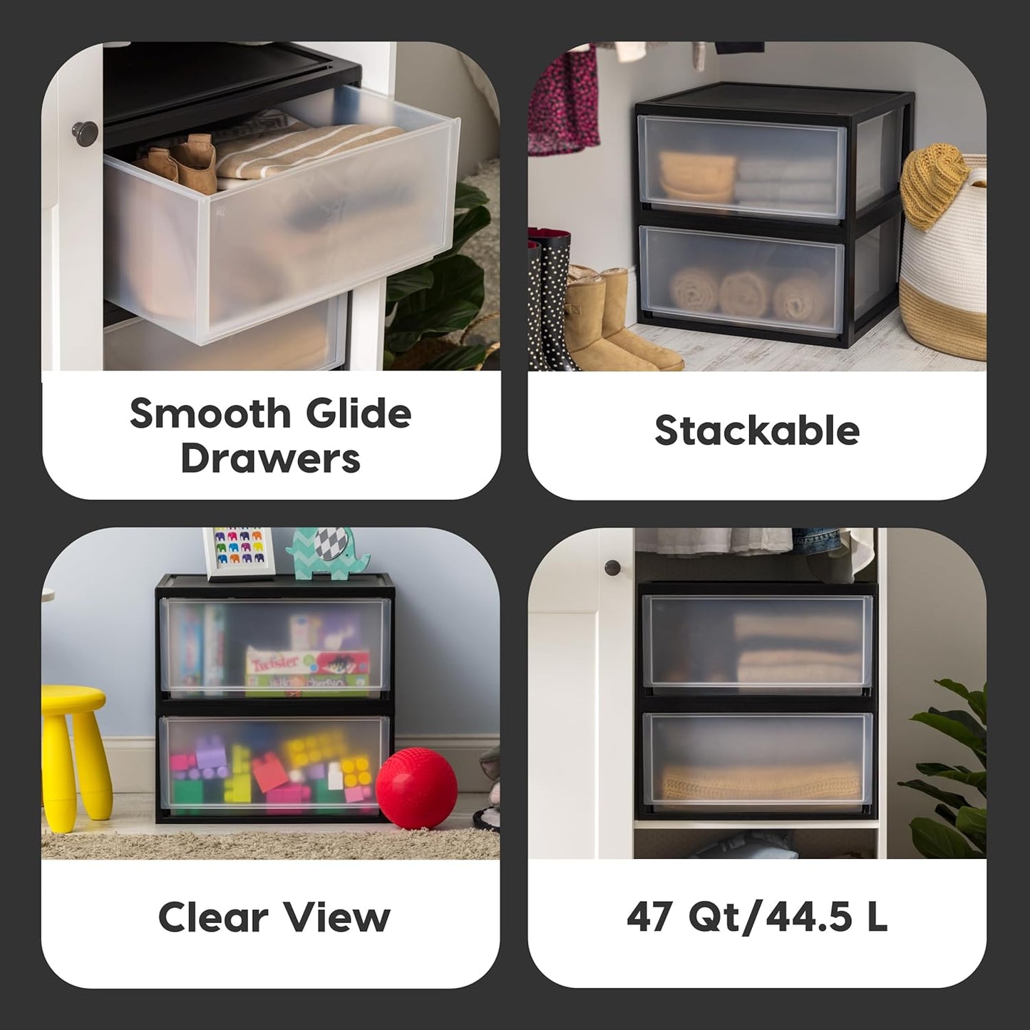 IRIS USA 47 Qt. Plastic Drawer Storage Organizer Stacking Drawers, 2-Pack, Stackable Unit with Sliding Drawer for Clothes Bedroom Kitchen Under Sink Pantry Craft Room Bathroom Dorm Office, Black