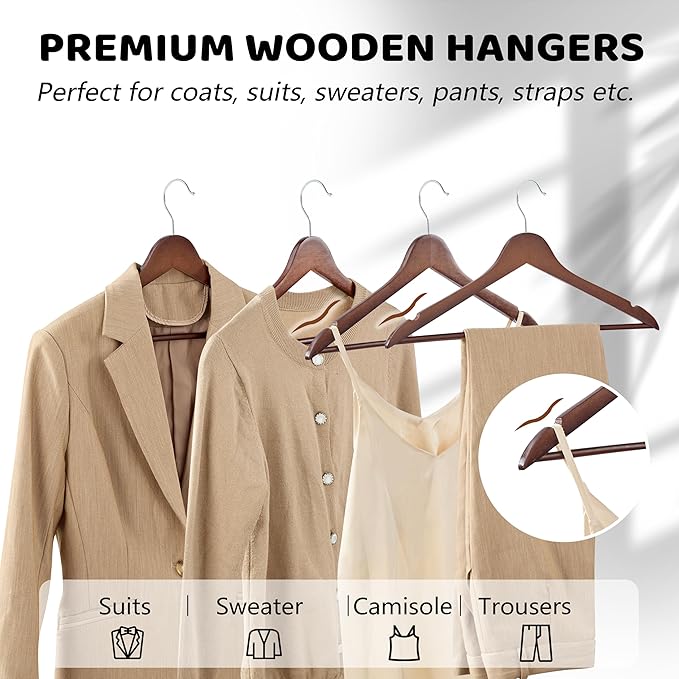 Wooden Hangers, 30 Pack Wood Hangers with 360-Degree Rotatable Hook and Pants Bar, Smooth Finish Coat Hanger Wooden for Closet, Walnut