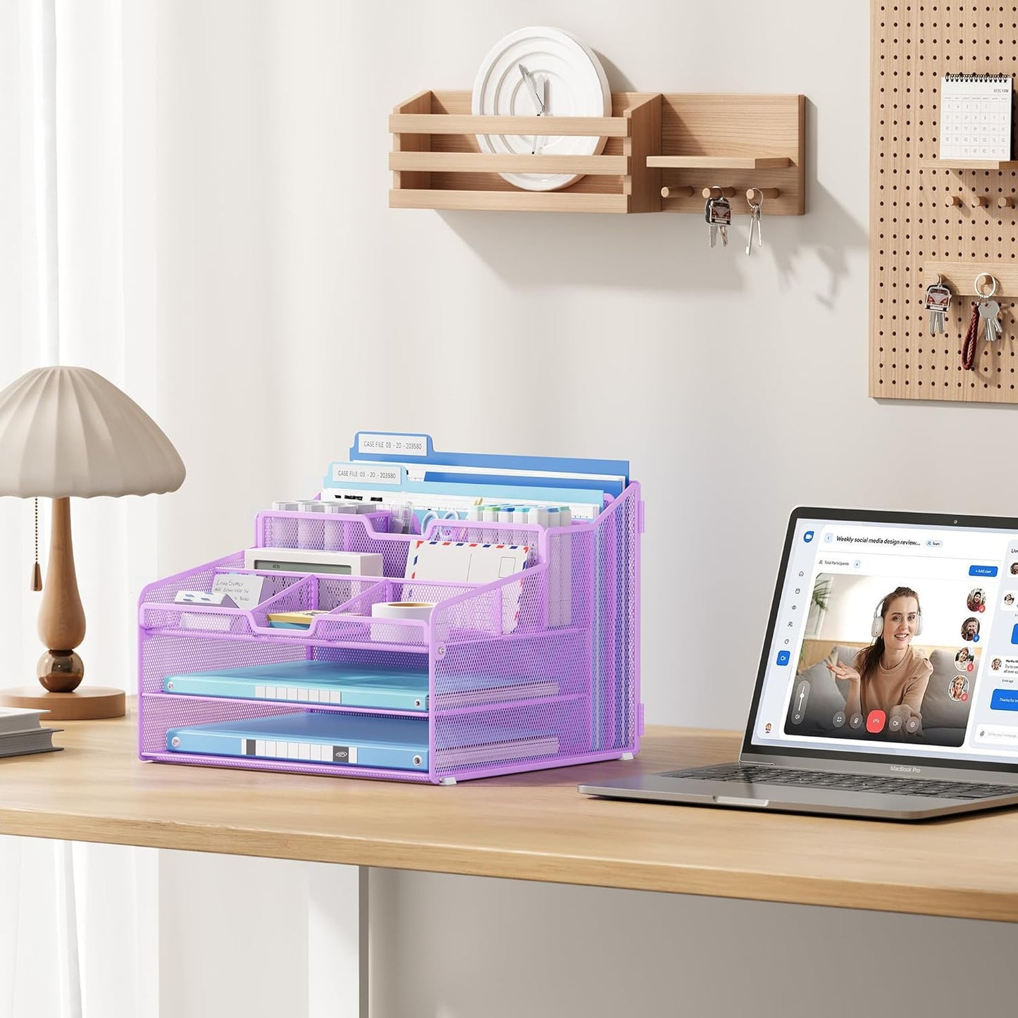 Lavatino Desk Paper File Organizer - Metal Mesh with 2 Letter Trays, 7 Flexible Dividers, 2 Vertical File Folder Holders for Office/Home/Classroom Supplies, Desk Organizers and Accessories, Purple