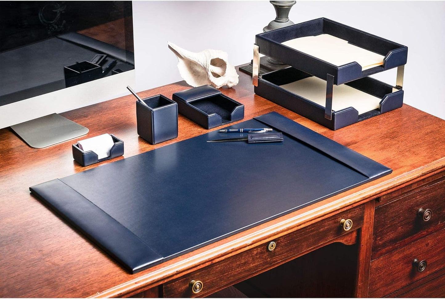 DACASSO Bonded Leather Desk Set - Luxury Leather Desk Pad & Desk Organization Essentials (Navy Blue, 8 Piece)