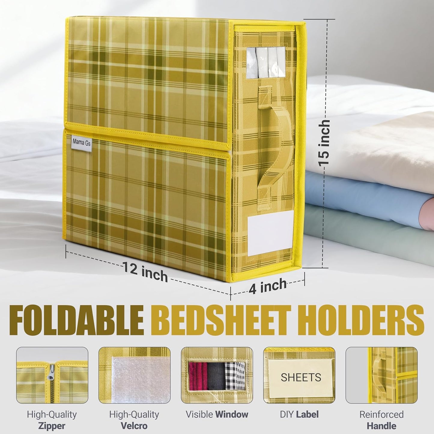Bed Sheet Organizer Set of 4 – Plaid Sheet Storage 15"x12"x4" – Foldable Bedsheet Holders with Zipper, Window – Closet Organizer for Bedding Storage, Pillows, Duvets, Linen – Yellow