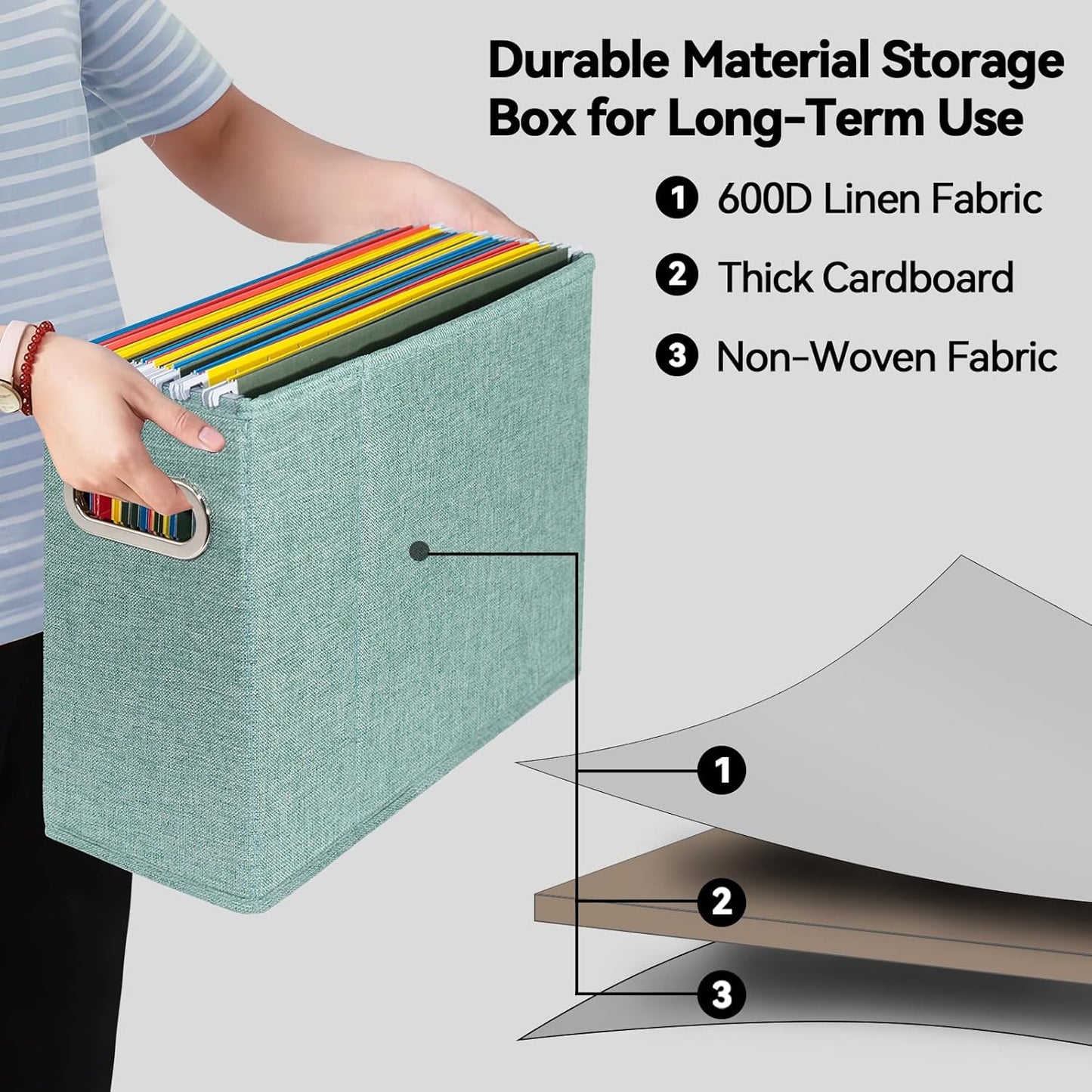 4 Packs Letter Size File Organizer, File Folders Organizer, Fabric Storage Box, Collapsible Paper Organizer with Metal Handle, Smooth PVC Rails, Only Box (Green)