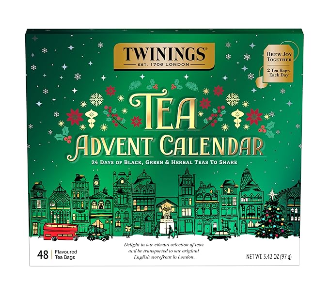 NEW Twinings Tea Advent Calendar Gift Set, 24-Day Holiday Sampler with Black, Green & Herbal Teas, Christmas Countdown Box for Tea Lovers, Brew Joy Together, 48 Count (Pack of 1), 48 Tea Bags