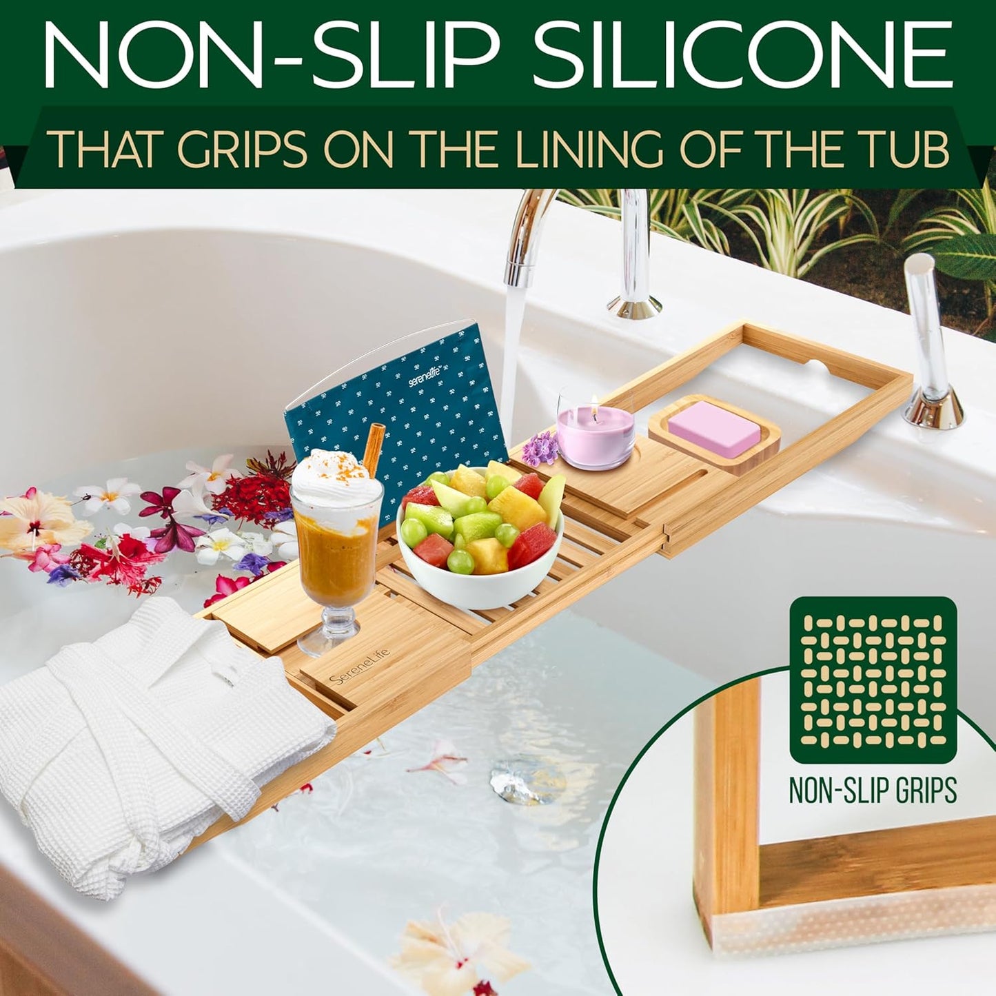 SereneLife Bamboo Bathtub Caddy with Luxury Gift Box and Red Gifting Ribbon Extendable & Adjustable Tray with Device/Book Holder with Removable Trays for Bath Accessories (Natural Color)