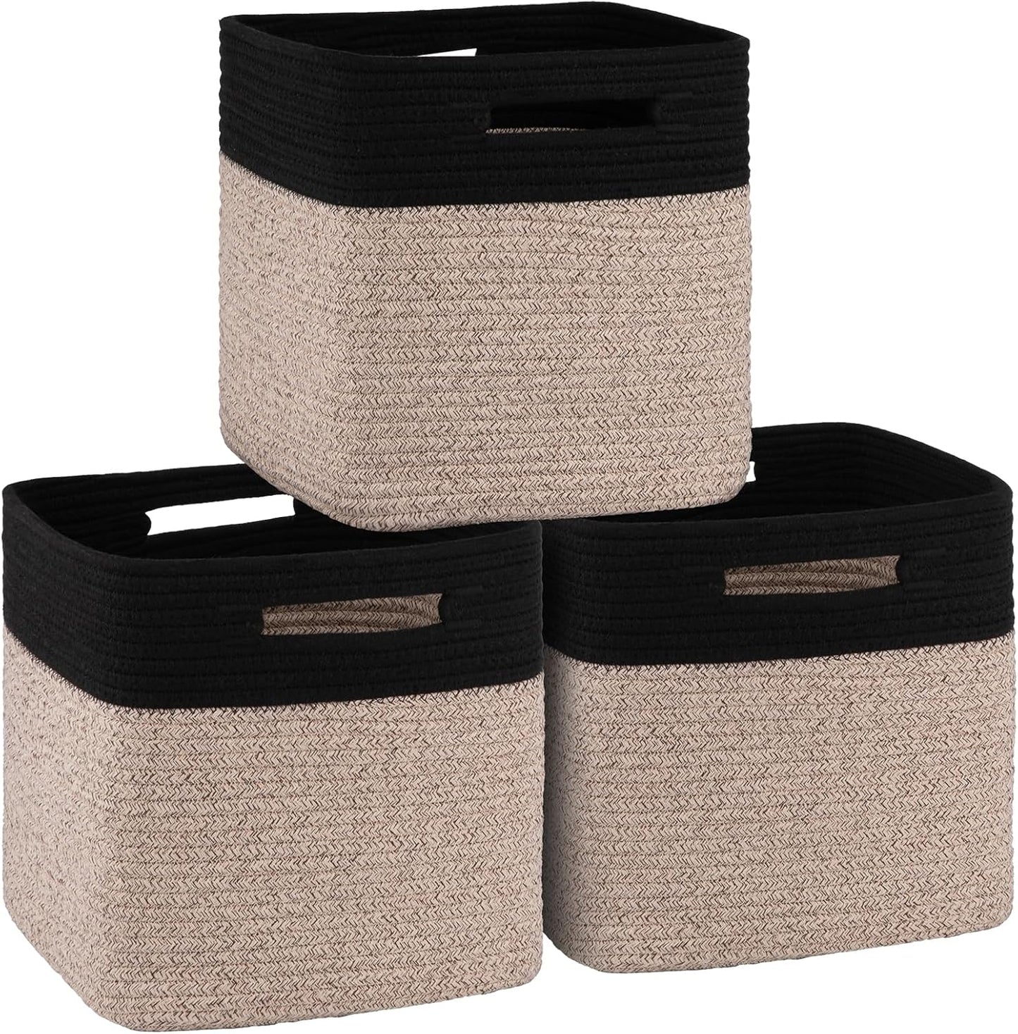 OIAHOMY Cube Storage Basket, 3-Pack Woven Cotton Rope Baskets for Storage, 11-Inch Cube Basket with Handles, Great for Shelves, Closets, Children's Toy Storage and Organization-Black & Brown