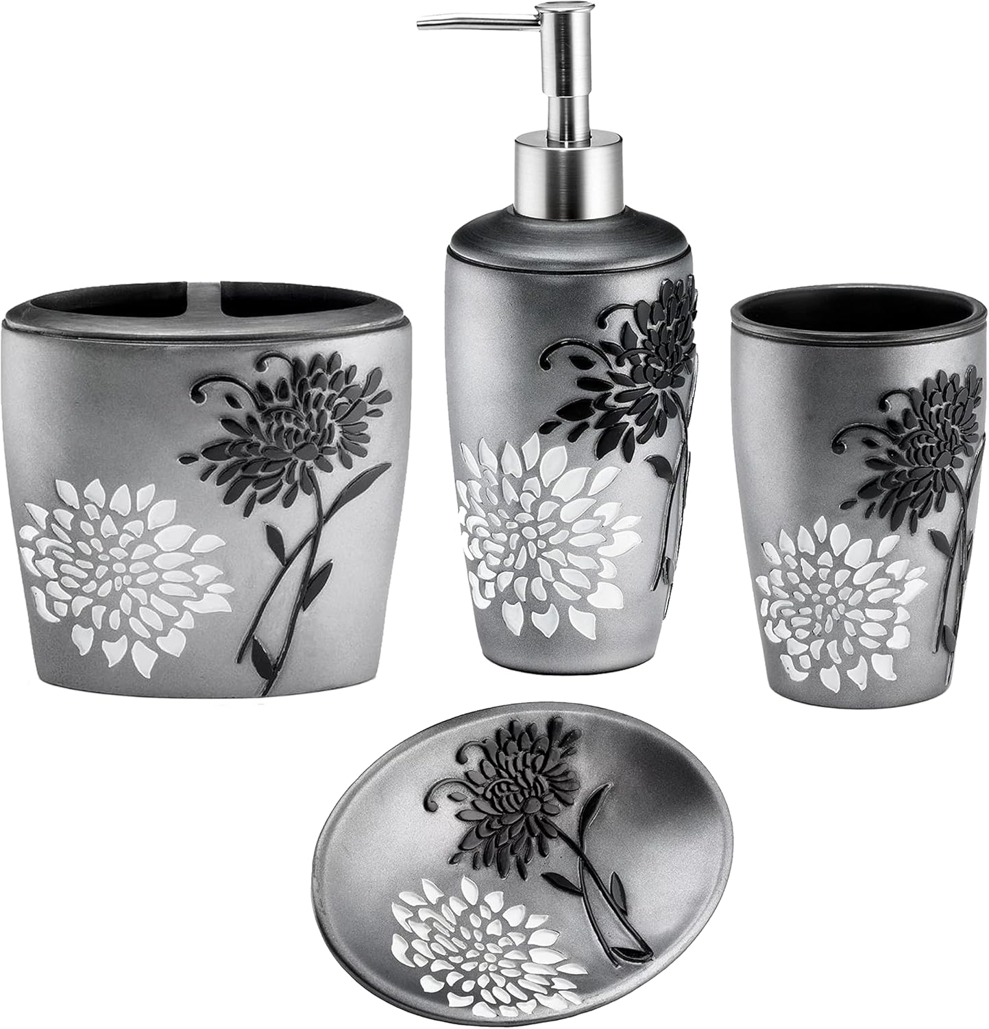 Zahari Home 4pc Erica Bathroom Accessories Sets Modern Classic Soap Dispenser, Tumbler, Tooth Brush Holder and Soap Dish Holder Unique Design Grey Bathroom Set