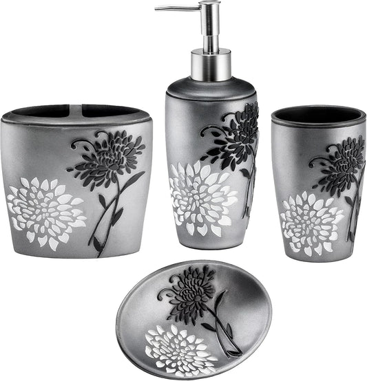 Zahari Home 4pc Erica Bathroom Accessories Sets Modern Classic Soap Dispenser, Tumbler, Tooth Brush Holder and Soap Dish Holder Unique Design Grey Bathroom Set