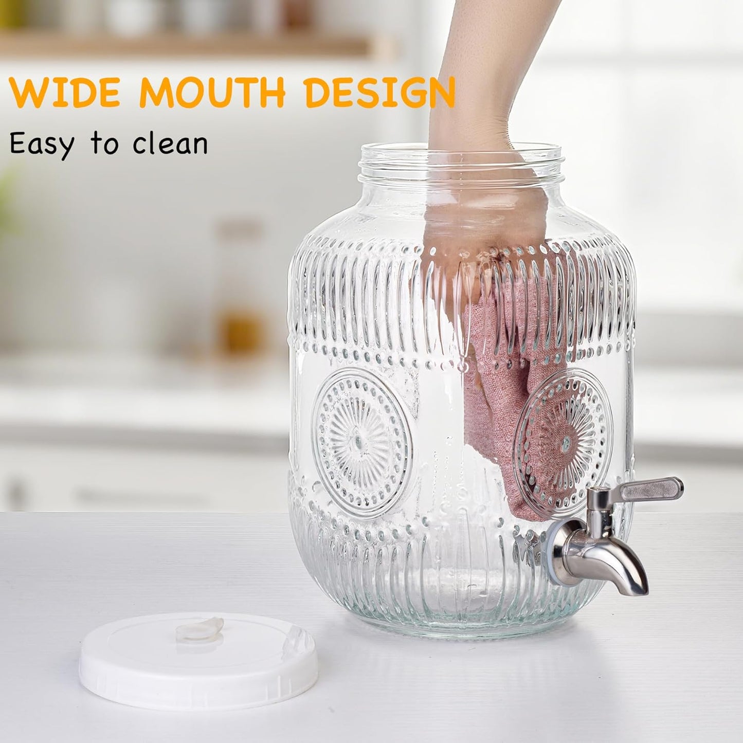 Amzcku 1 Gallon Glass Beverage Dispenser, 18/8 Stainless Steel Spigot and Lid With Ventilation Holes- Glass Drink Dispensers for Parties - Mason Jar Drink Dispensers with Lids