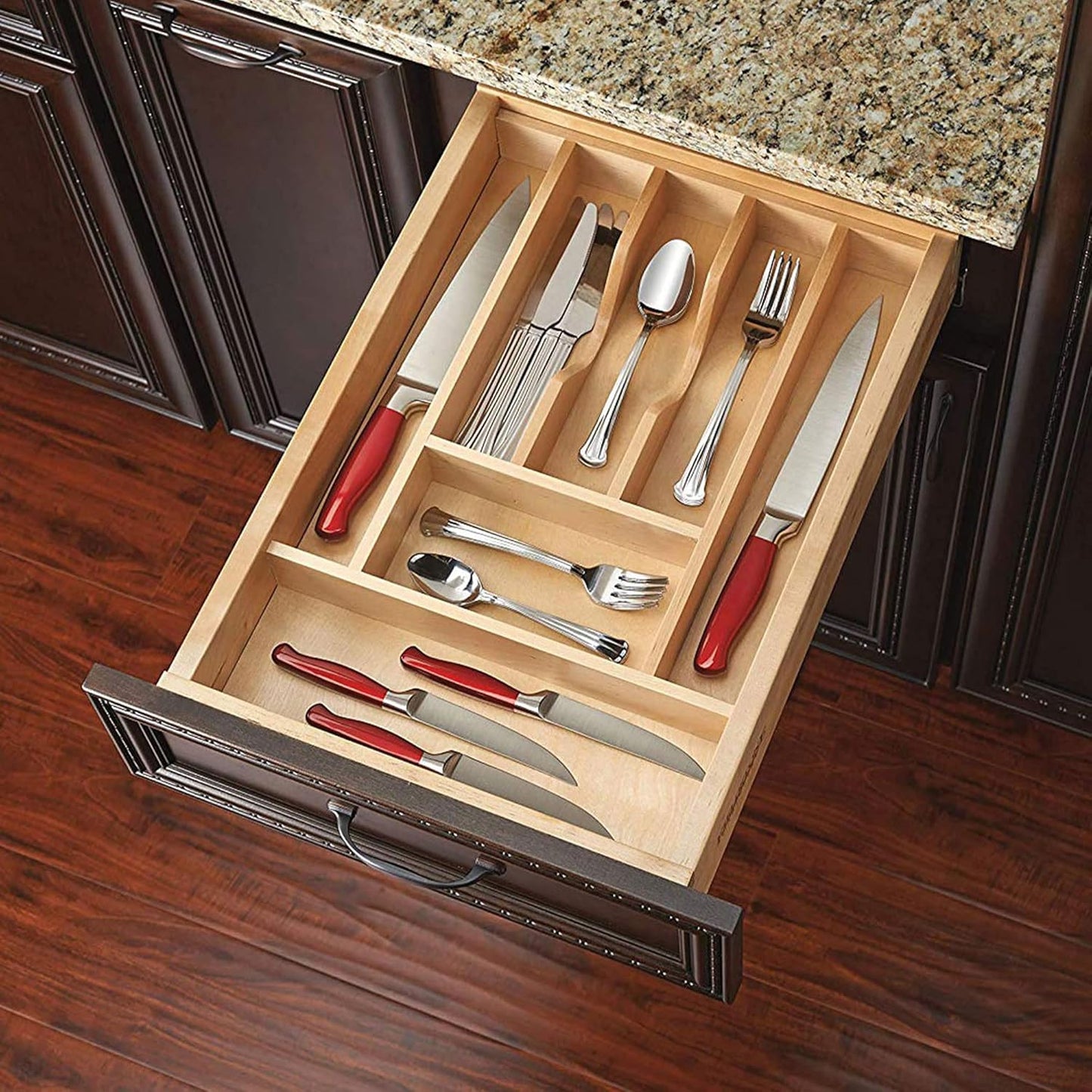 Rev-A-Shelf Trim-to-Fit Silverware Drawer Organizer For Kitchen Utensil Cutlery Cabinet Storage, Natural Maple Wood 7 Compartment Tray Insert 4WCT-1SH