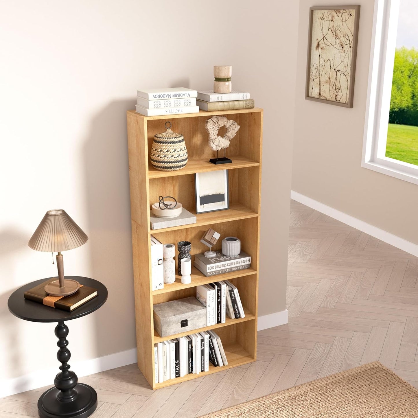 Wooden 5 Cube Storage Organizer,5 Tier Low Bookcase Storage Display Organizer, 54 Inch Versatile Cubes Shelf and Cubby Unit for Any Space (Natural Oak, 5 Cube-W(23.6inch)