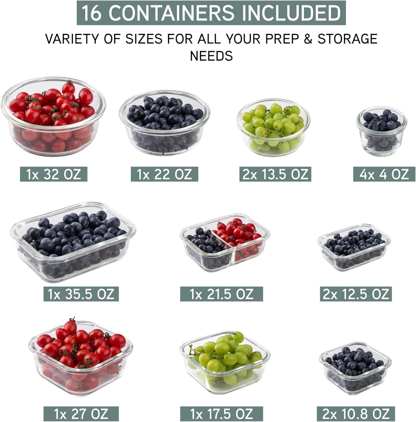 COOK WITH COLOR Premium 32-Pc. Borosilicate Glass Food Container Set with Dividers - 4 Rectangles, 8 Rounds, 4 Squares - Leakproof Lids - Meal Prep, Storage, Ombre Green