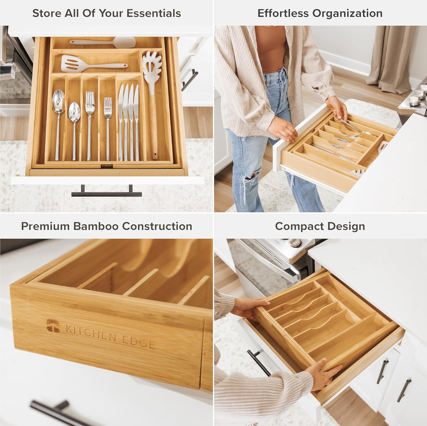 KitchenEdge Premium Silverware, Flatware and Utensil Organizer for Kitchen Drawers, Food-Safe Contract Grade, Expandable from 14 to 25 In, Natural Bamboo