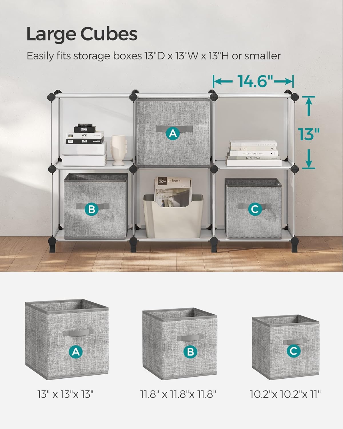 SONGMICS 6 Cube Storage Organizer, Modular Bookshelf, DIY Closet Organizers and Storage, Plastic Stackable Shelves, 14.6 x 13 x 13 Inch Cubes, with Feet and Rubber Mallet, White ULPC206W01