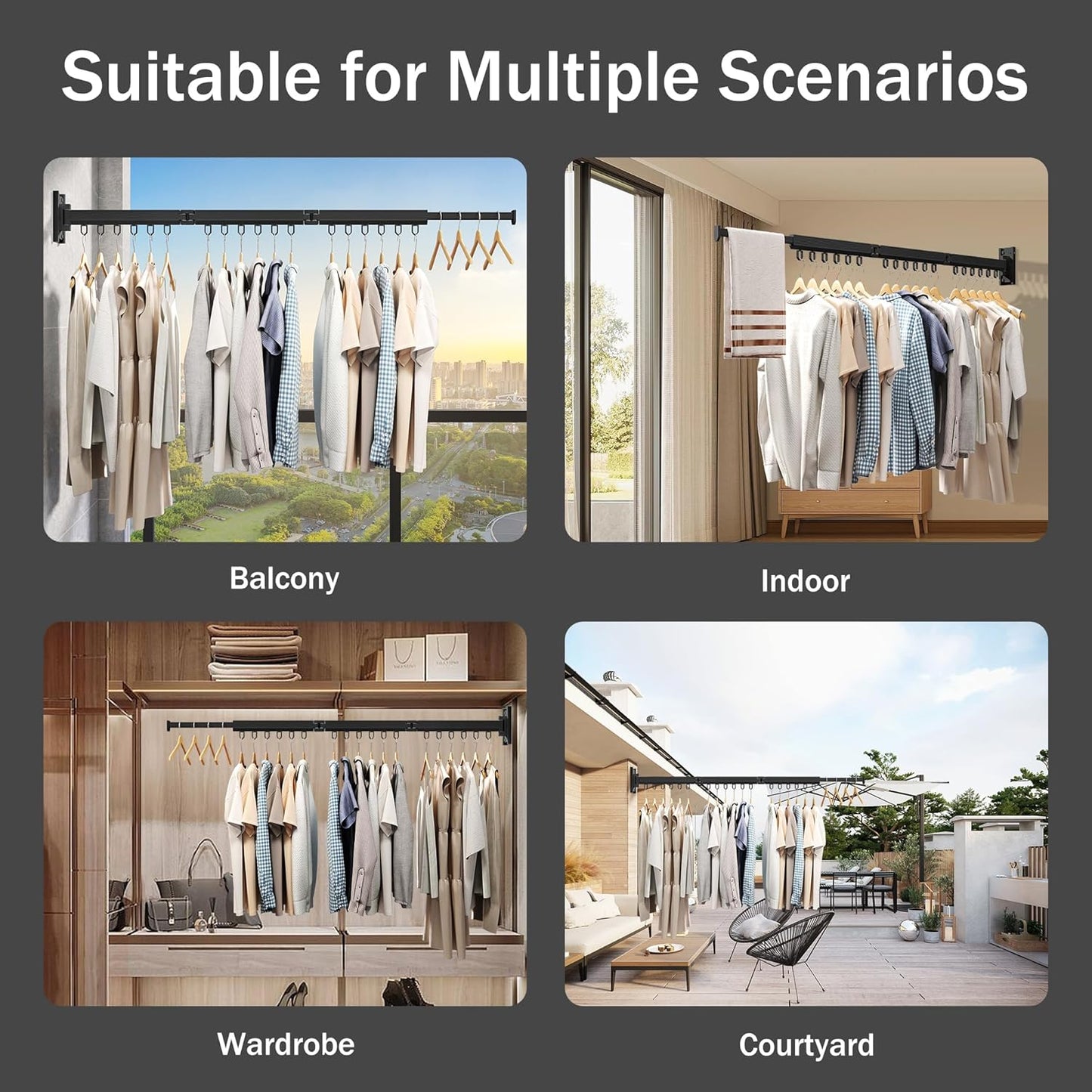 Wall Mounted Clothes Drying Rack, Retractable & Collapsible, Foldable Black-Ring Laundry Hanger