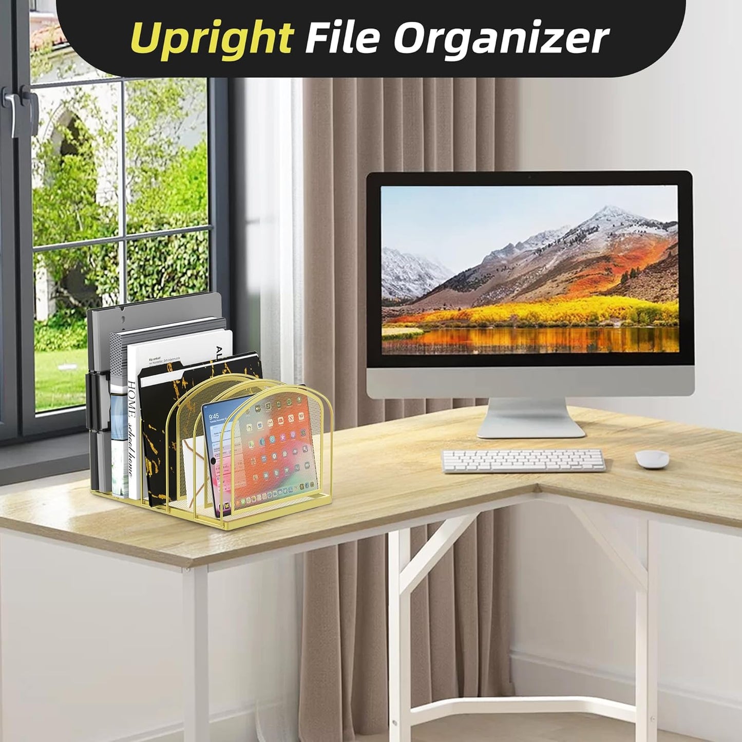 SUPEASY File Organizer for Desk, 5-Section Mesh Desk Organizer, Vertical File Holder Desktop Organizer File Sorter, File Folder Holder for Office Supplies, Gold