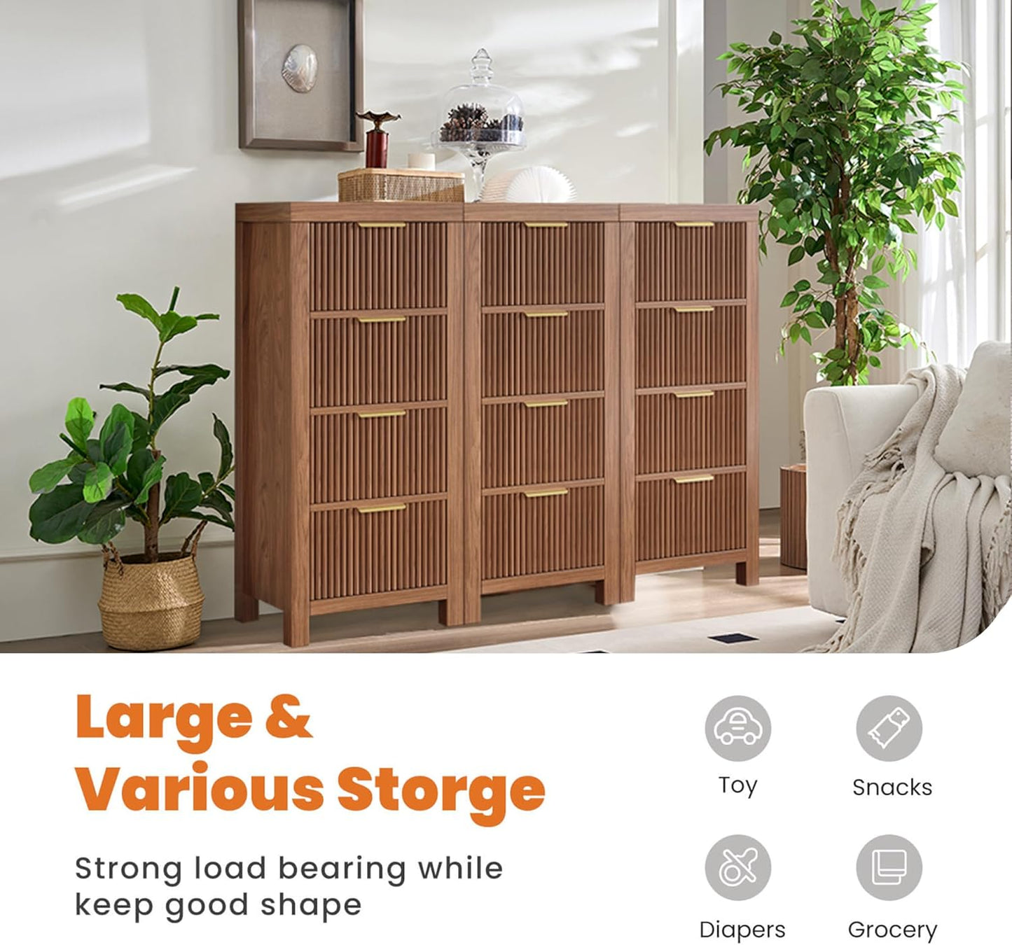 Mid-Century Modern Tall Wooden Dresser with 12 Spacious Drawers, Entryway Storage Chest with Smooth Metal Handles, Bedroom Clothes Organizer for Entryway, Office, and Small Spaces, Walnut X3