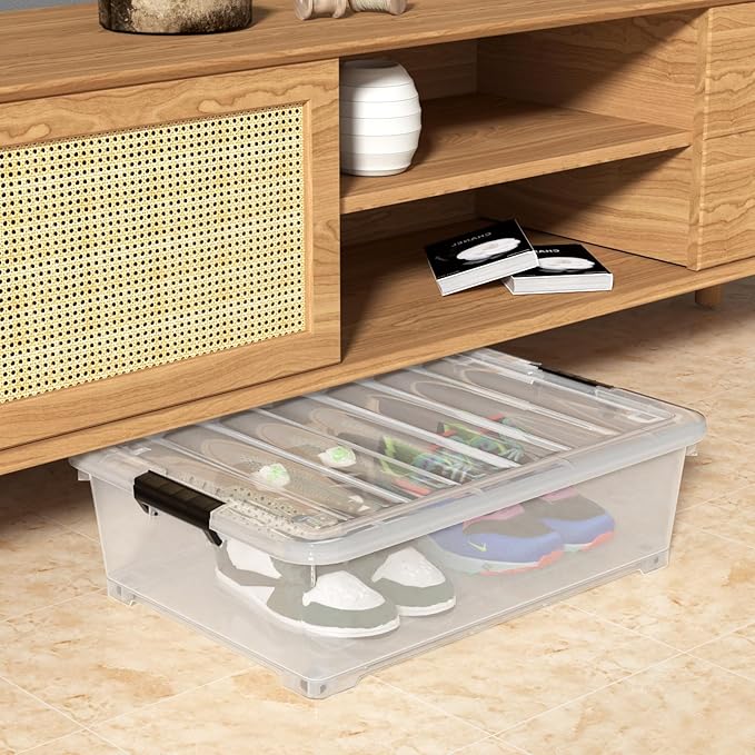 25 Quart Clear Under Bed Storage Container with Wheels, 4 Packs Stackable Plastic Underbed Bin with Lid