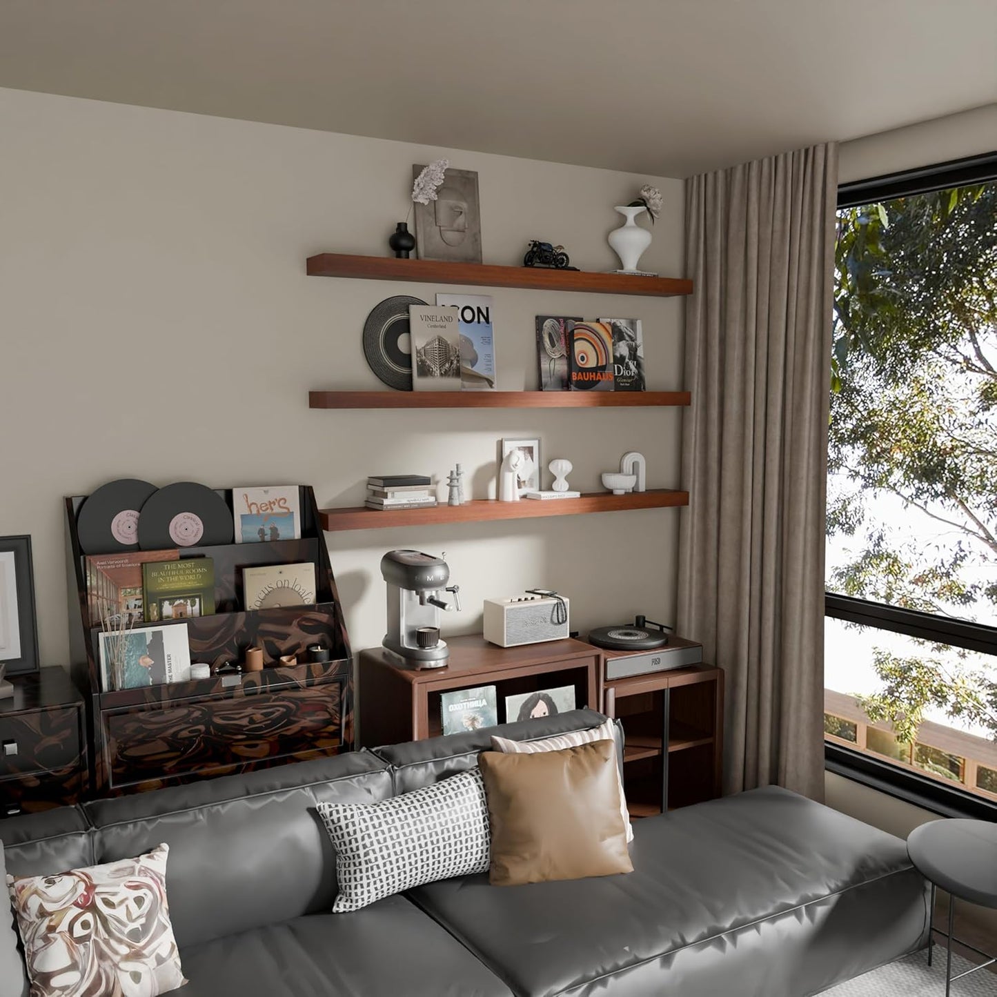 Floating Shelves for Wall, 60 Inch Extra Long Brown Wall Shelves, Set of 3, Hanging Invisible Brackets Floating Shelves for Living Room,Bedroom,and Kitchen