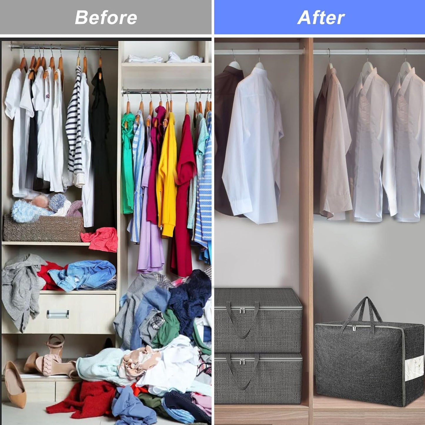 84L Extra Large Storage Bags, Folding Moving Comforter Blanket Storage Bags Closet Organizers and Storage Containers with Strong Handles&Zippers Clear Window for Clothes Bedding Pillow, Black