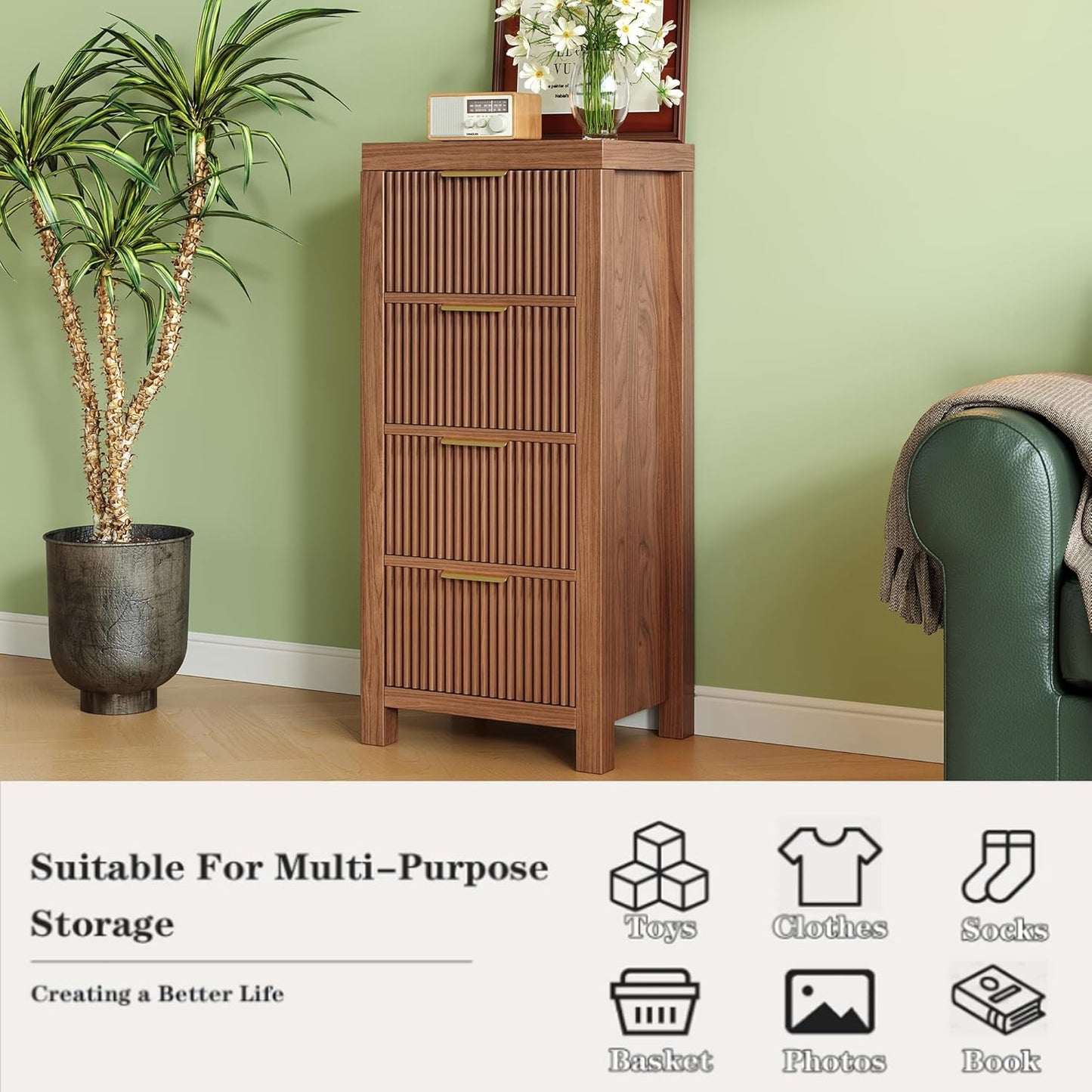 Mid-Century Fluted 8 Drawers Dresser, Modern Wooden Tall Dresser with Smooth Metal Handles, Storage Chest Clothes Organizer for Bedroom, Entryway & Office, Walnut X2