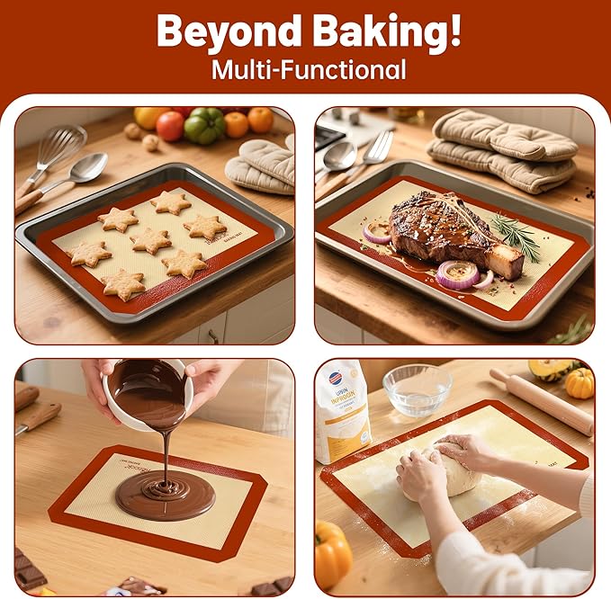 RENOOK Silicone Baking Mats, 3PACK Reusable Non-stick Baking Mats for Cookies, Easy Clean & Non-Slip Food Grade, 16.5’’ x 11.6’’ Baking Sheets for Cookies, Bread and Pastry, Baking Supplies for Oven