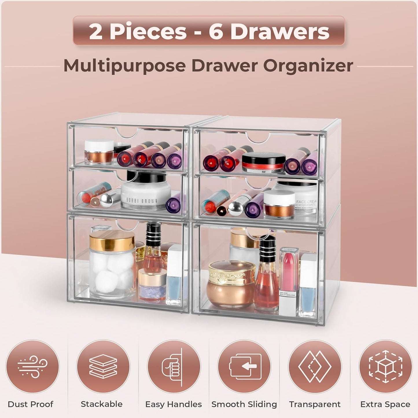 Sorbus Makeup Organizer With 6 Drawers, Acrylic Drawer Organizer for Makeup, Office Organization and Storage, Art Supplies, Jewelry, Stationary - 4 Pcs Clear Stackable Storage Bins Organizer Drawers