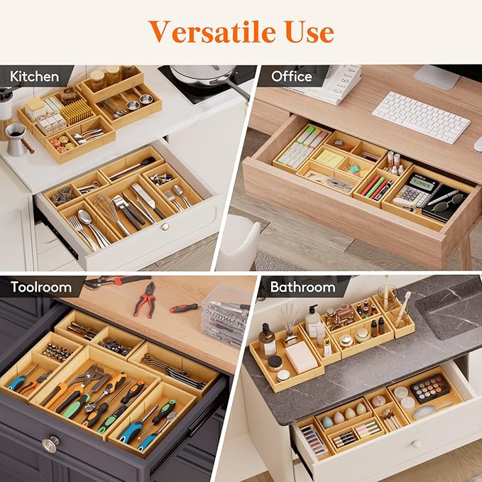 Lifewit Drawer Organizers 10 Pack(22 Grid) with 12 Inserts, Adjustable Bamboo Wooden Drawer Dividers, Stackable Storage Box for Utensils, Silverware, Makeup, Junk in Kitchen/Bathroom/Office/Vanity
