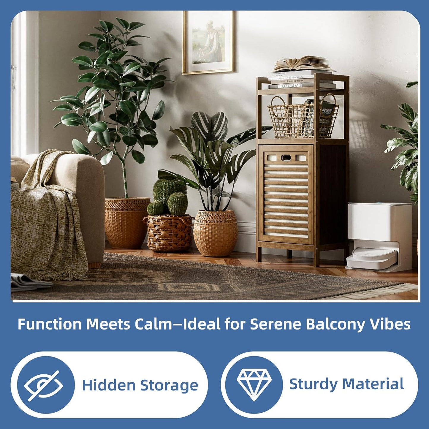 HITNET Bamboo Tilt Out Laundry Hamper, Bathroom Storage Cabinet with Hidden Removable Basket and 2 Open Shelves, Space Saving Bamboo Storage for Clothes, Towels and Toys, Walnut