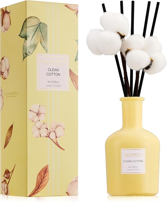COCORRÍNA Reed Diffuser – Clean Cotton Scent, 6.76 oz Essential Oil with Sticks & Real Cotton, Long-Lasting Fragrance for Bedroom or Bathroom Décor