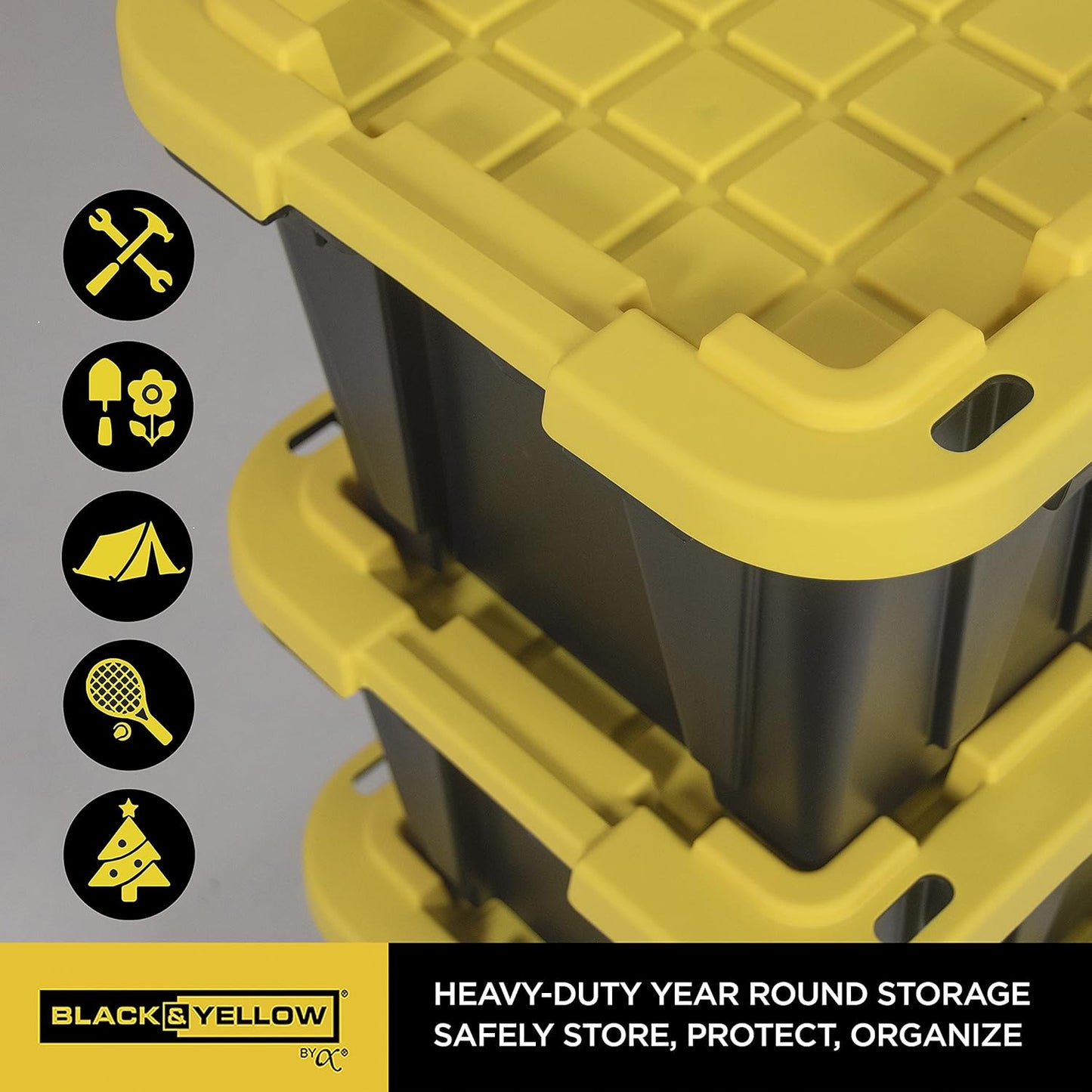 CX BLACK & YELLOW, 12-Gallon Heavy Duty Tough Storage Container & Snap-Tight Lid, (12.51"H x 16.3"W x 21.8"D), Weather-Resistant Design and Stackable Organization Tote [4 Pack]